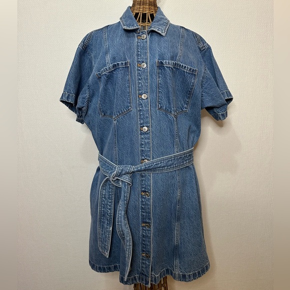 Abercrombie & Fitch Blue Denim Short Sleeve Belted Tie Shirt Dress XL - Picture 2 of 7
